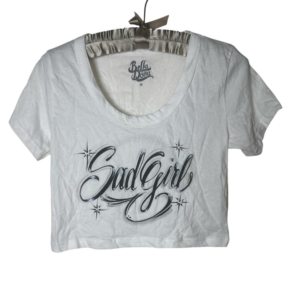 Bella Dona Sad Girl Airbrush Graphic Chicana Latina Cropped Baby Tee in White